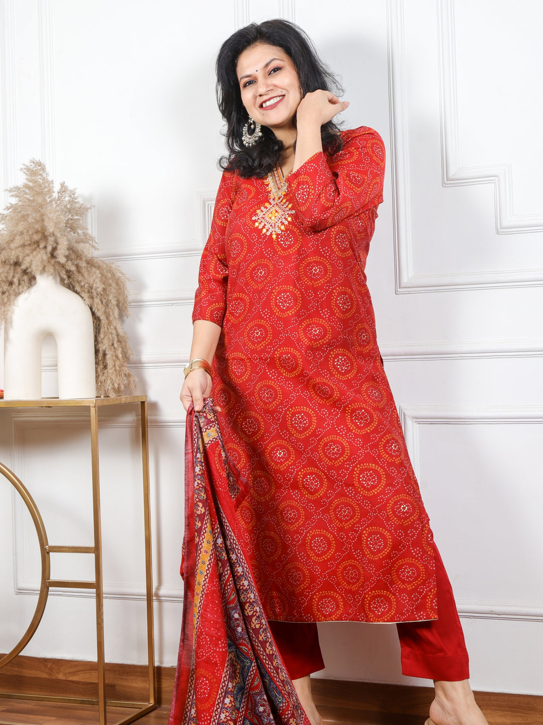 Dilruba Ruby Red V Neck Embellished Modal Top With Cotton Silk Dupatta 3 Piece Set