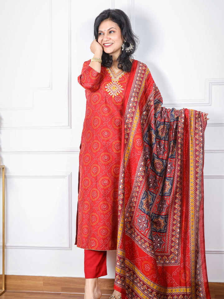 Dilruba Ruby Red V Neck Embellished Modal Top With Cotton Silk Dupatta 3 Piece Set