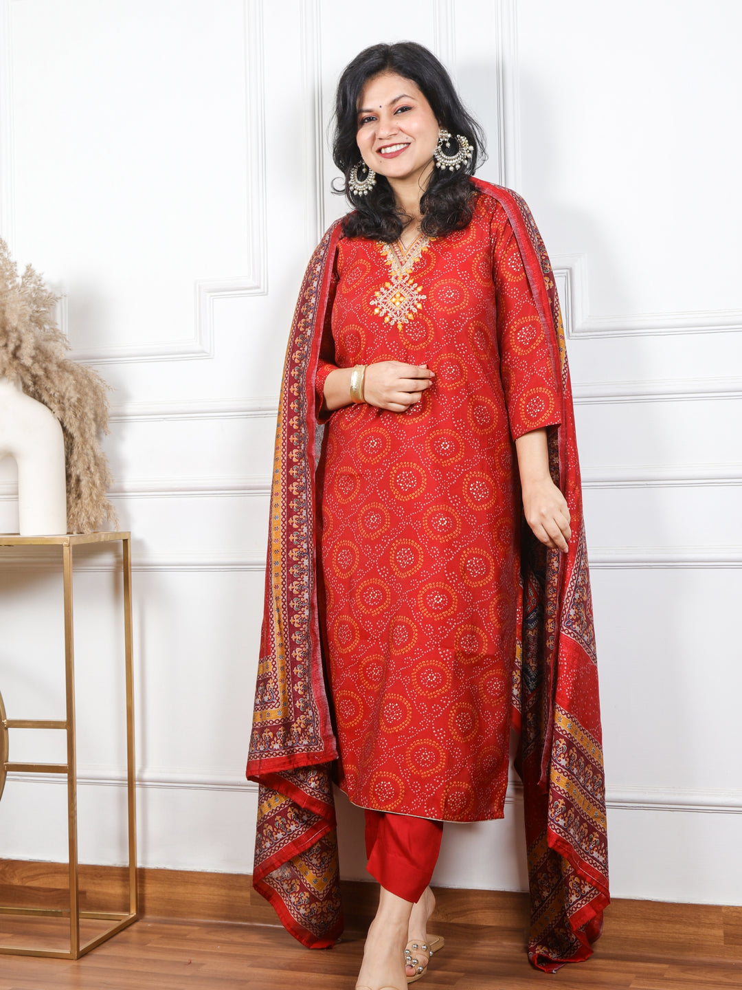 Dilruba Ruby Red V Neck Embellished Modal Top With Cotton Silk Dupatta 3 Piece Set