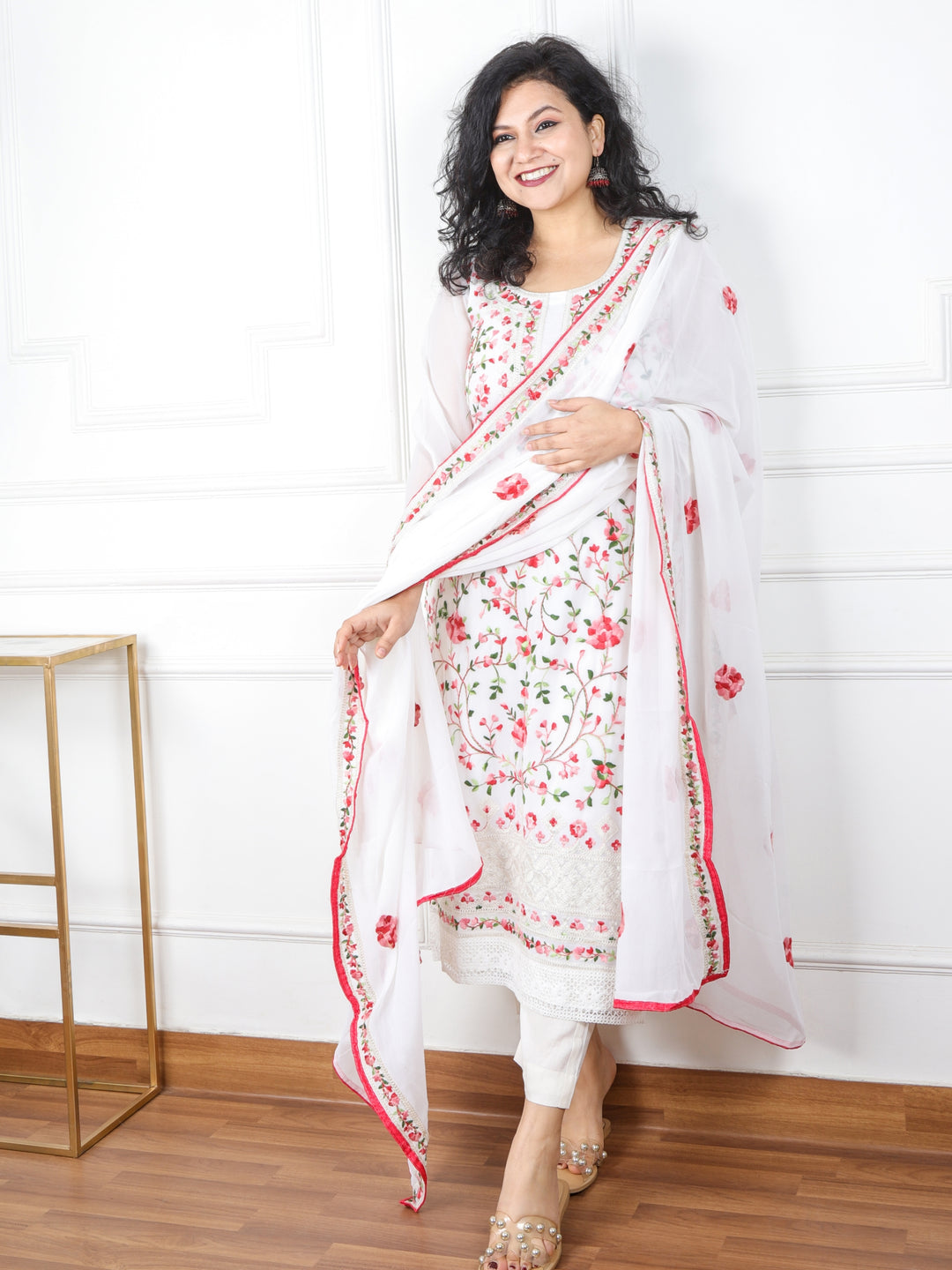 Falak Snow White All Over Thread Work Chiffon 3 Piece Set