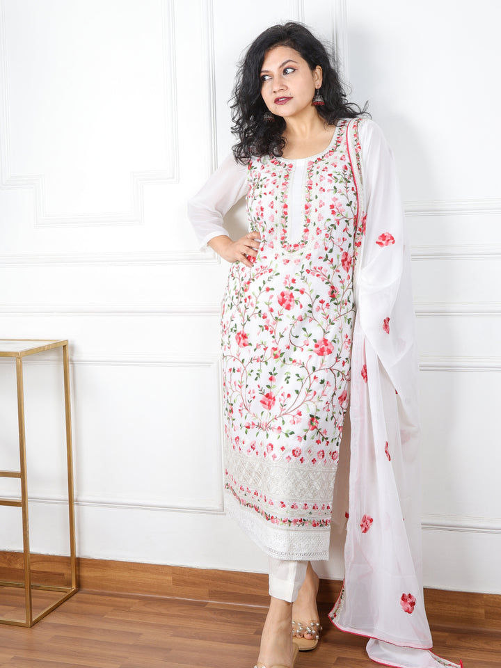 Falak Snow White All Over Thread Work Chiffon 3 Piece Set