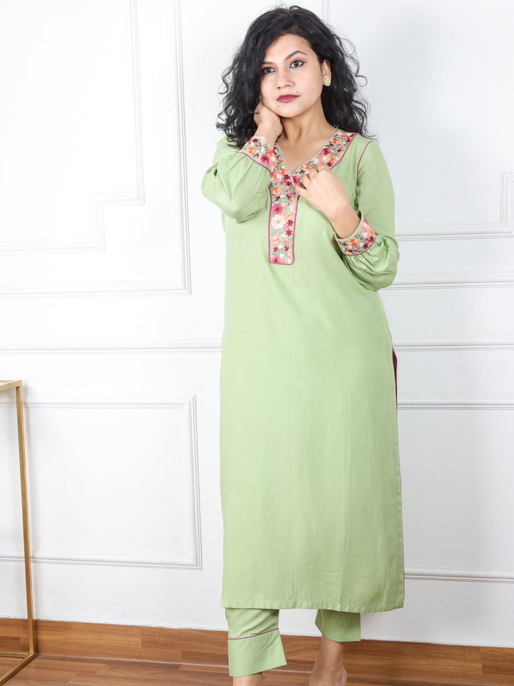 Falak Mint Green Lace Work V Neck Premium Rayon 2 Piece Set