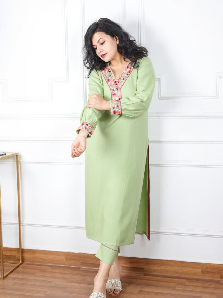 Falak Mint Green Lace Work V Neck Premium Rayon 2 Piece Set