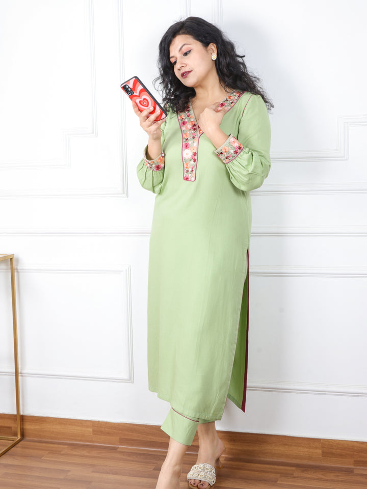 Falak Mint Green Lace Work V Neck Premium Rayon 2 Piece Set