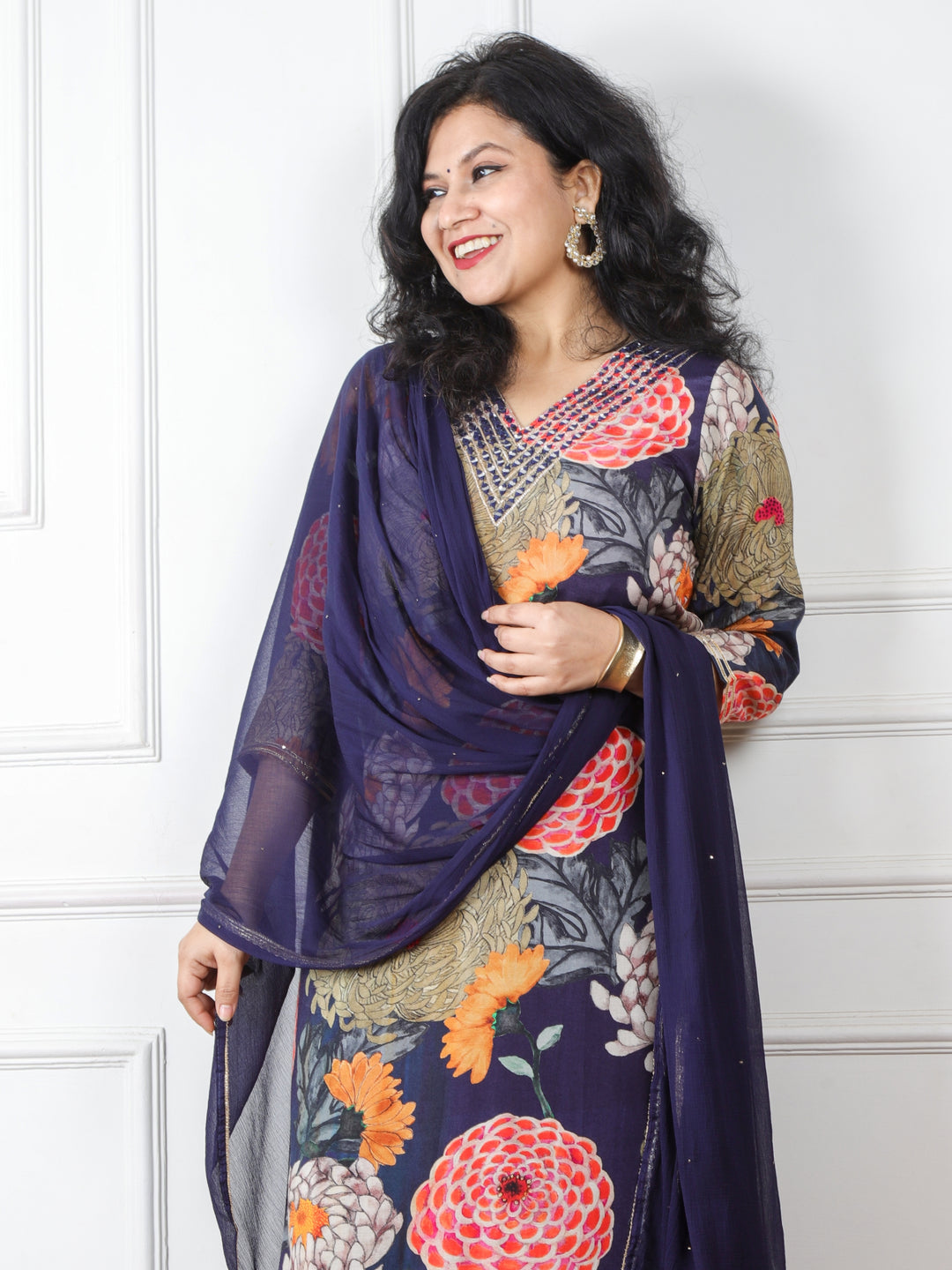 Jhanki Midnight Blue V Neck with Mirror Work Floral Print Modal 3 Piece Set