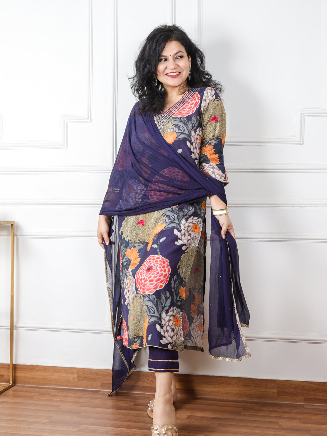 Jhanki Midnight Blue V Neck with Mirror Work Floral Print Modal 3 Piece Set