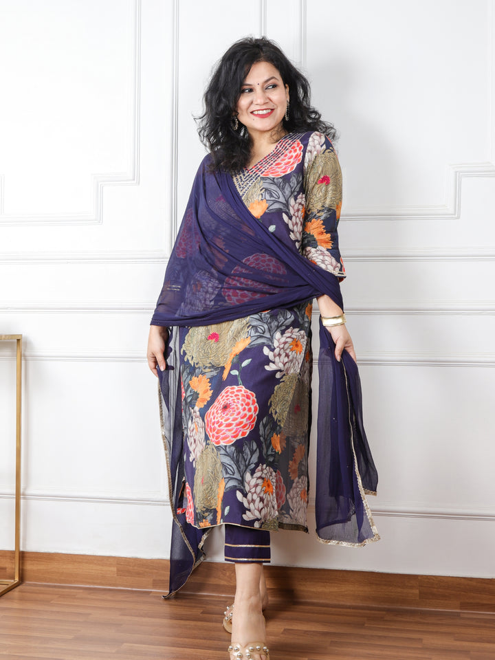 Jhanki Midnight Blue V Neck with Mirror Work Floral Print Modal 3 Piece Set
