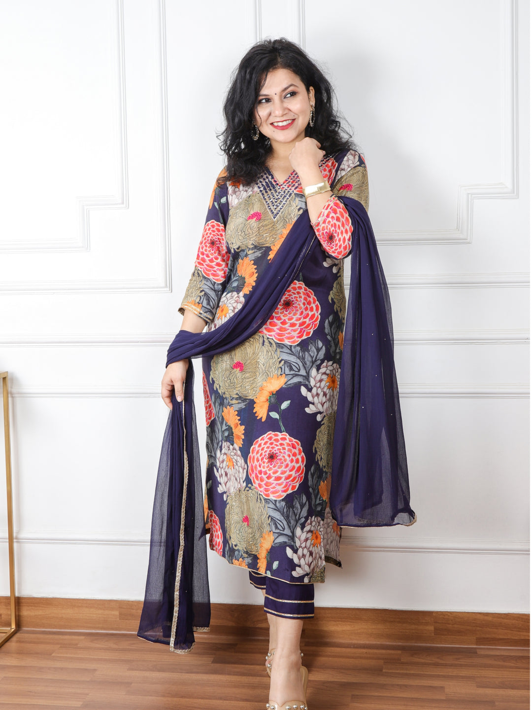 Jhanki Midnight Blue V Neck with Mirror Work Floral Print Modal 3 Piece Set