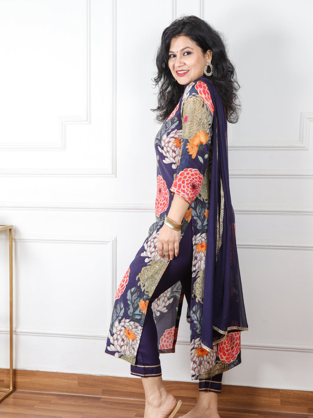 Jhanki Midnight Blue V Neck with Mirror Work Floral Print Modal 3 Piece Set