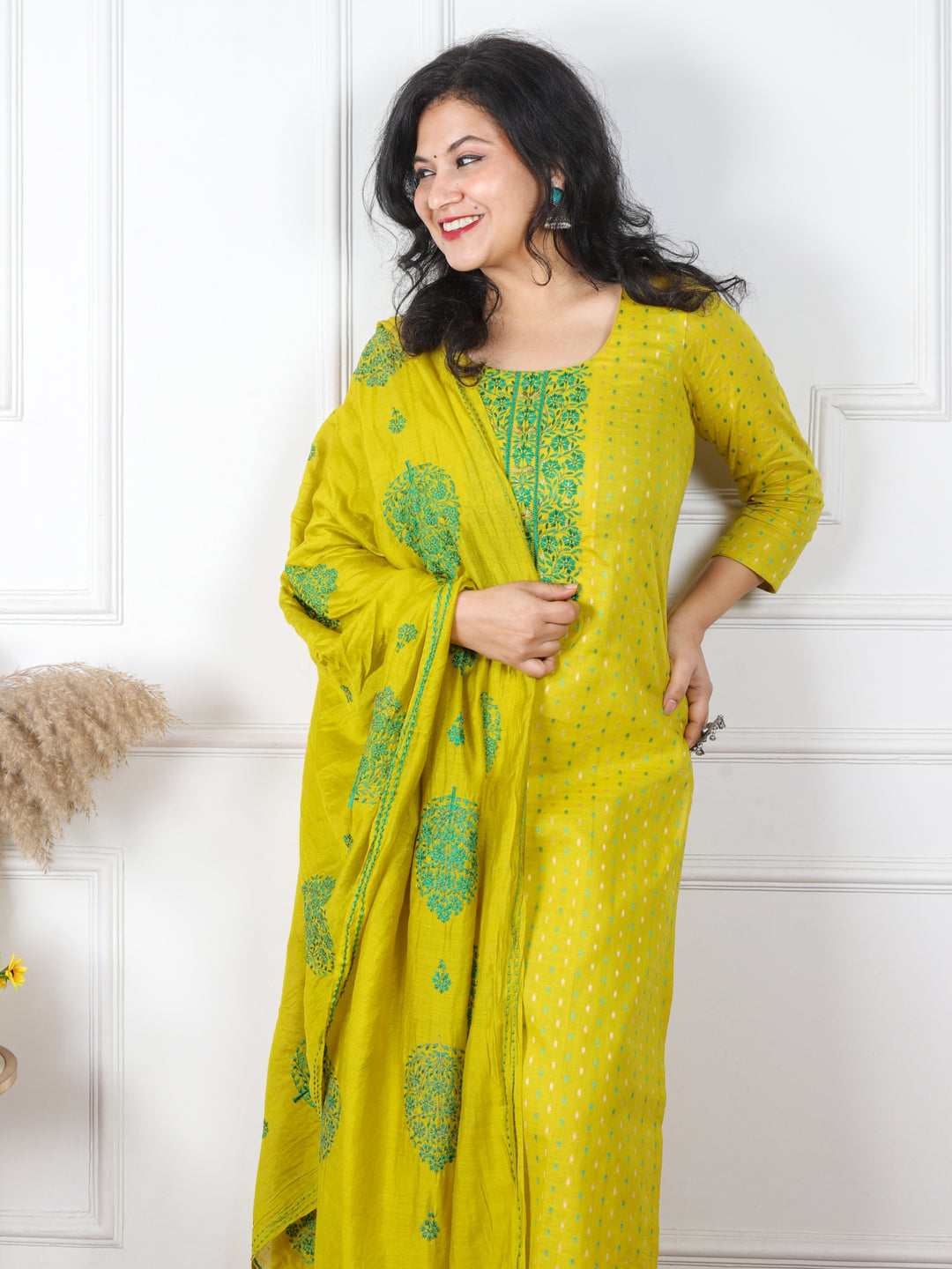 Shabaab Corn Yellow Thread Work Neck Cotton Dobby Suit 3 Piece Set
