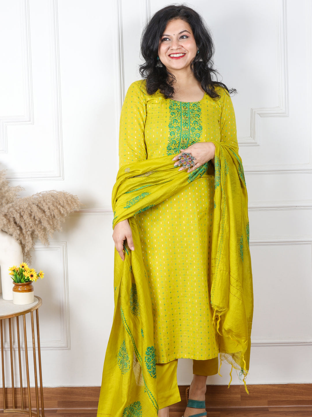 Shabaab Corn Yellow Thread Work Neck Cotton Dobby Suit 3 Piece Set