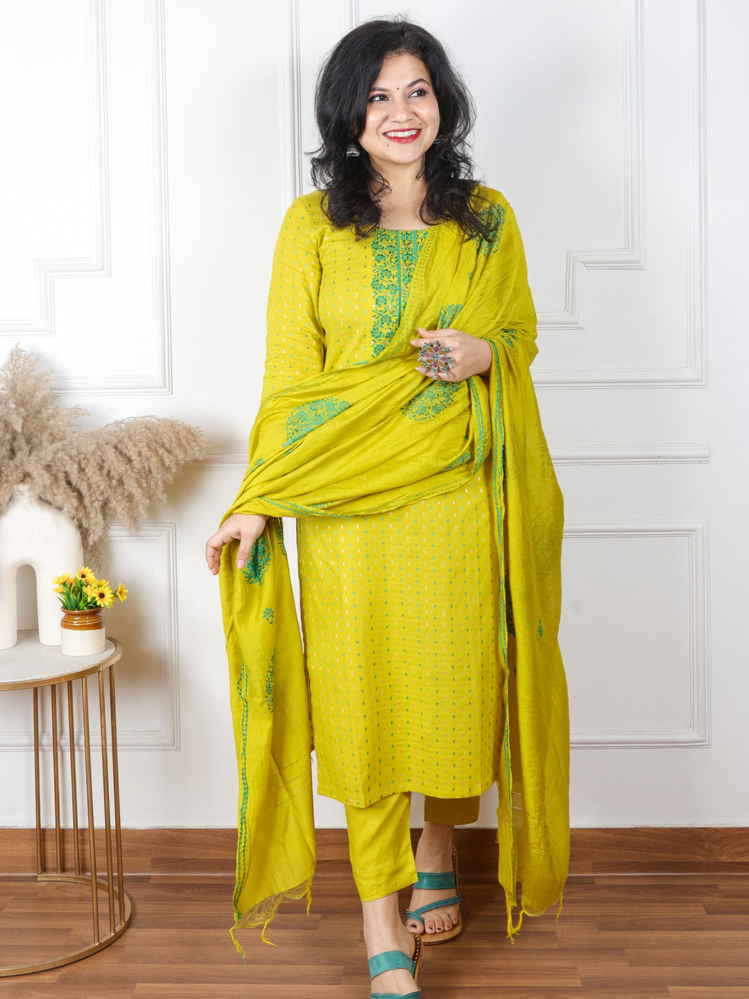 Shabaab Corn Yellow Thread Work Neck Cotton Dobby Suit 3 Piece Set