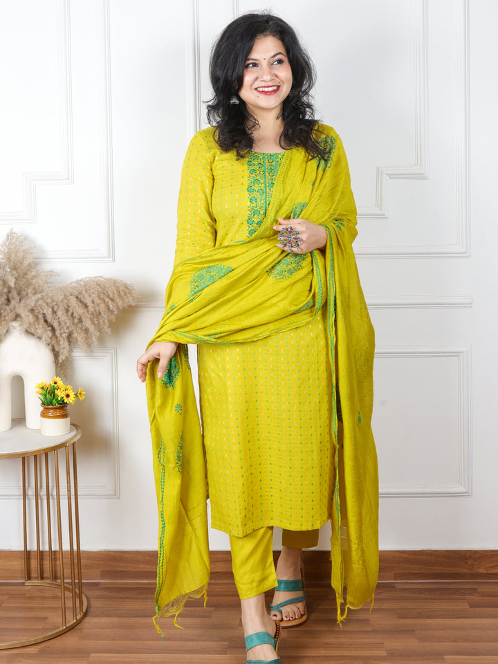 Shabaab Corn Yellow Thread Work Neck Cotton Dobby Suit 3 Piece Set