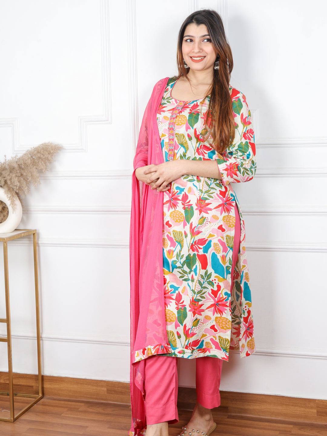 Rubiya White Base With Colorful Floral Printed Glazed Cotton 3 Piece Set