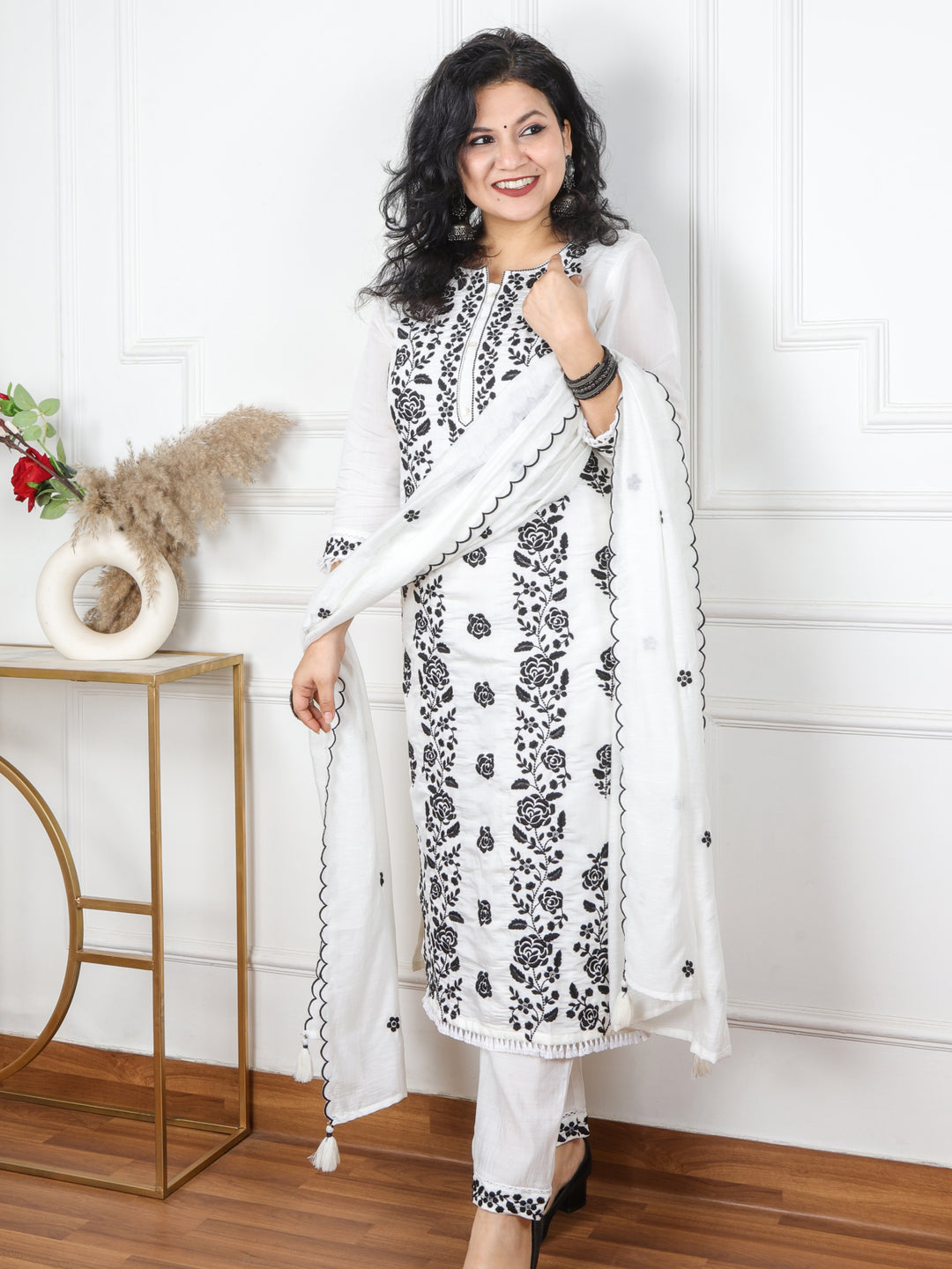 Rubiya White with Black Thread Chikankari Work Cotton Silk 3 Piece Set