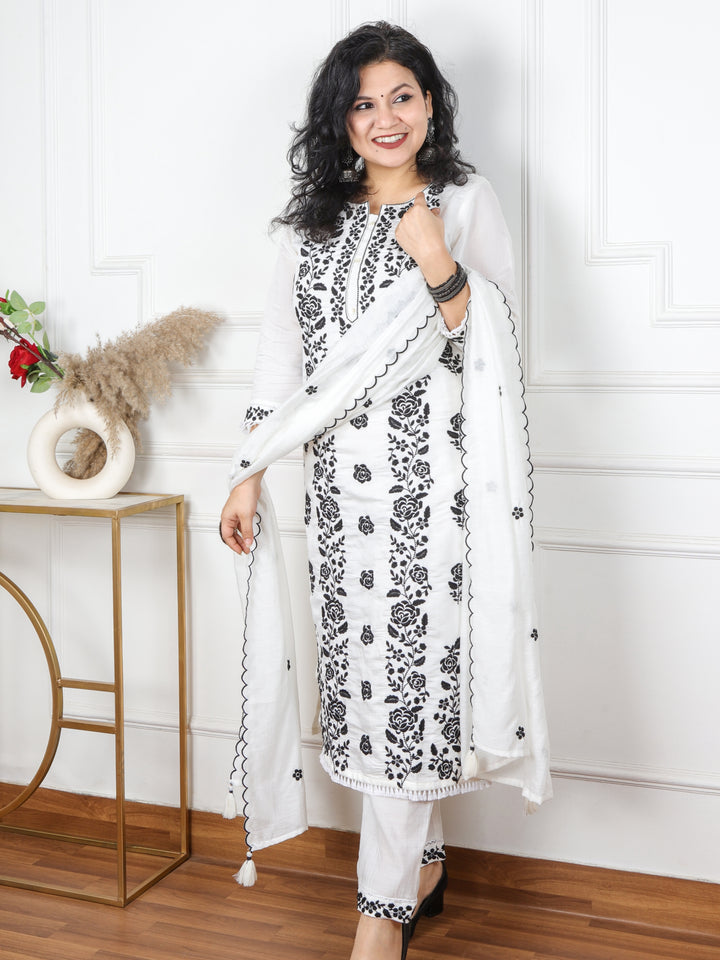 Rubiya White with Black Thread Chikankari Work Cotton Silk 3 Piece Set