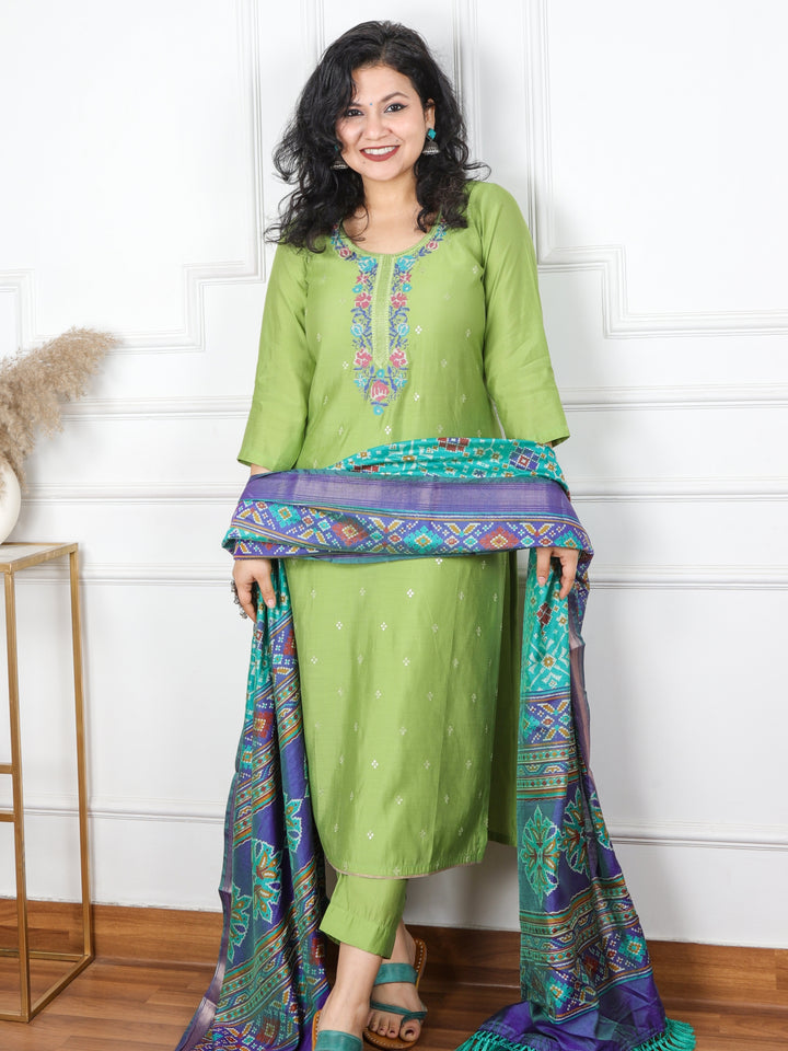Rubiya Parrot Green Cross-Stitch Embroidered Neck Modal Suit 3 Piece Set