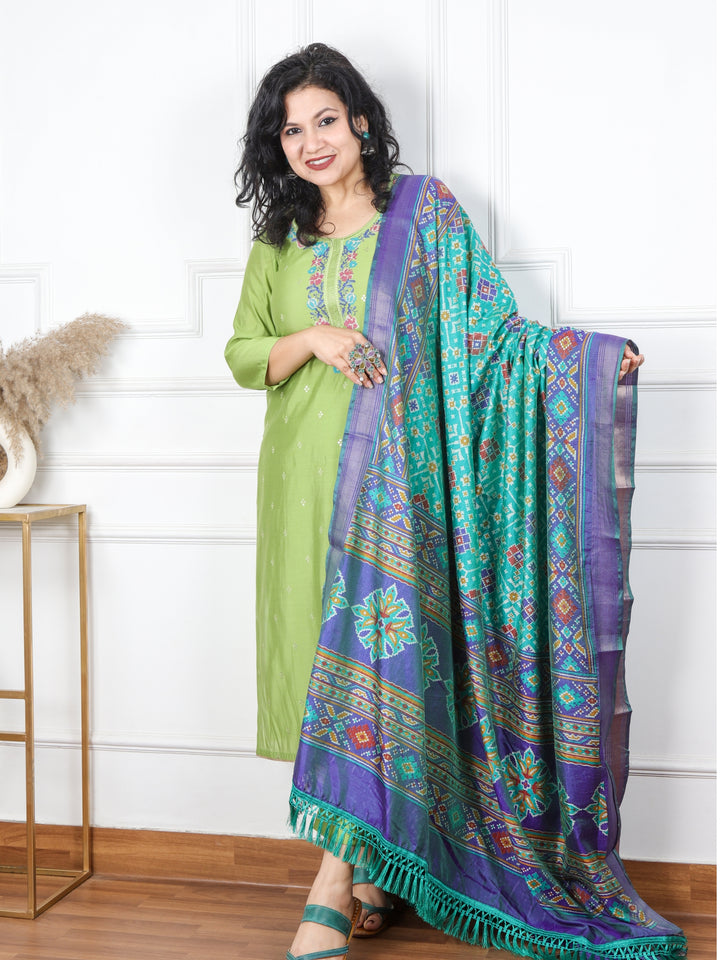 Rubiya Parrot Green Cross-Stitch Embroidered Neck Modal Suit 3 Piece Set