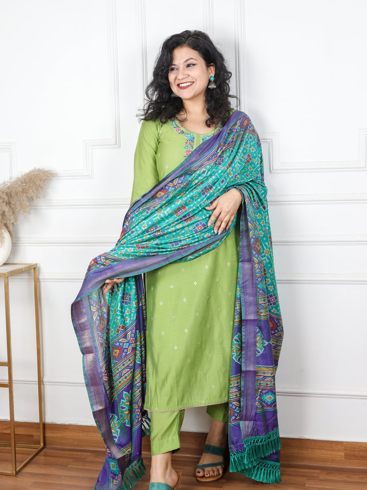 Rubiya Parrot Green Cross-Stitch Embroidered Neck Modal Suit 3 Piece Set
