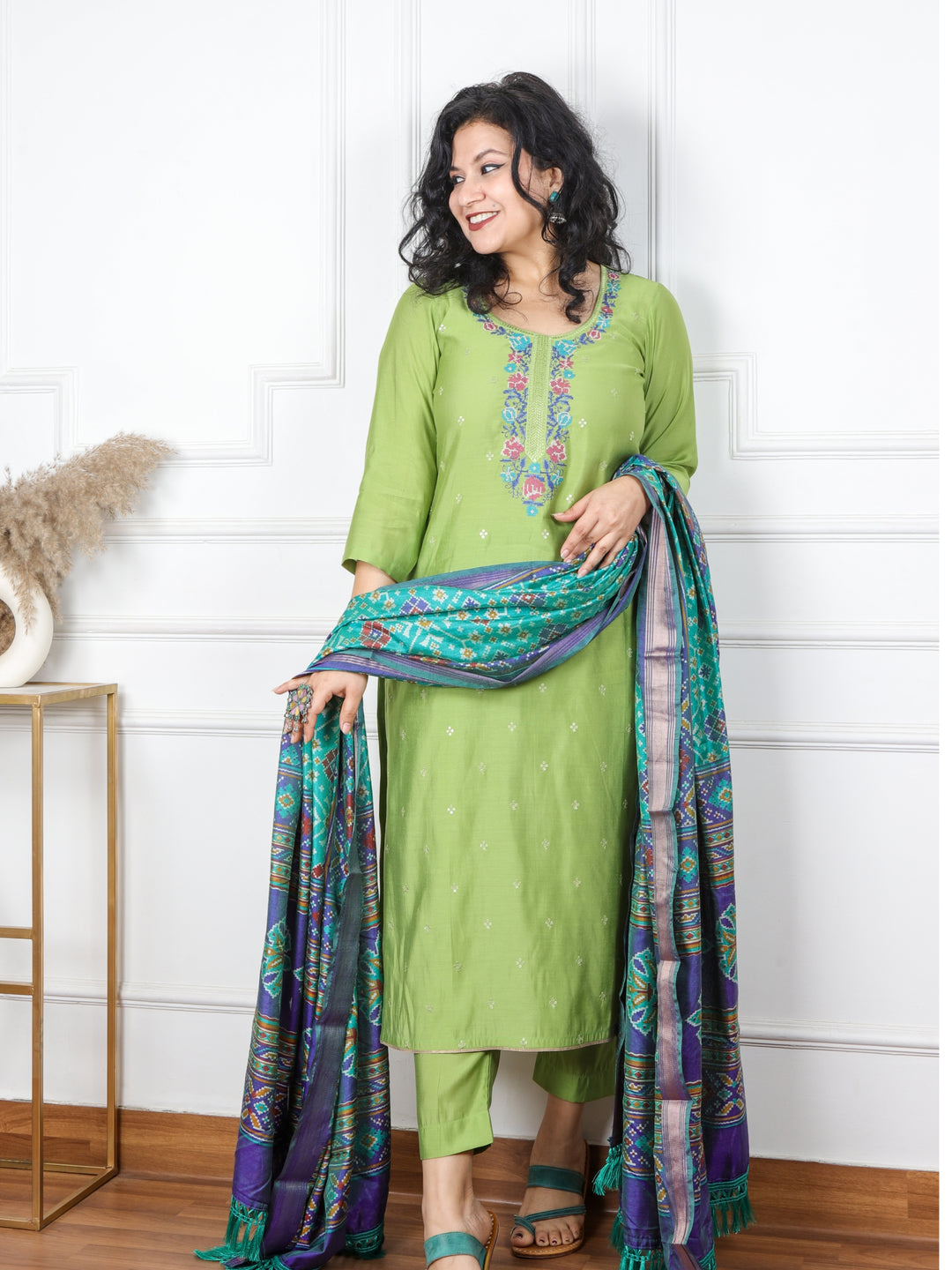 Rubiya Parrot Green Cross-Stitch Embroidered Neck Modal Suit 3 Piece Set