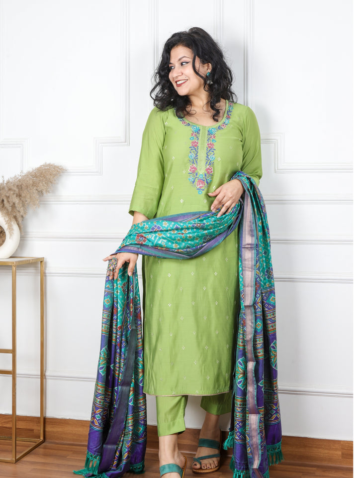 Rubiya Parrot Green Cross-Stitch Embroidered Neck Modal Suit 3 Piece Set
