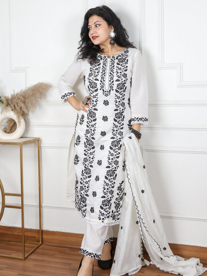 Rubiya White with Black Thread Chikankari Work Cotton Silk 3 Piece Set