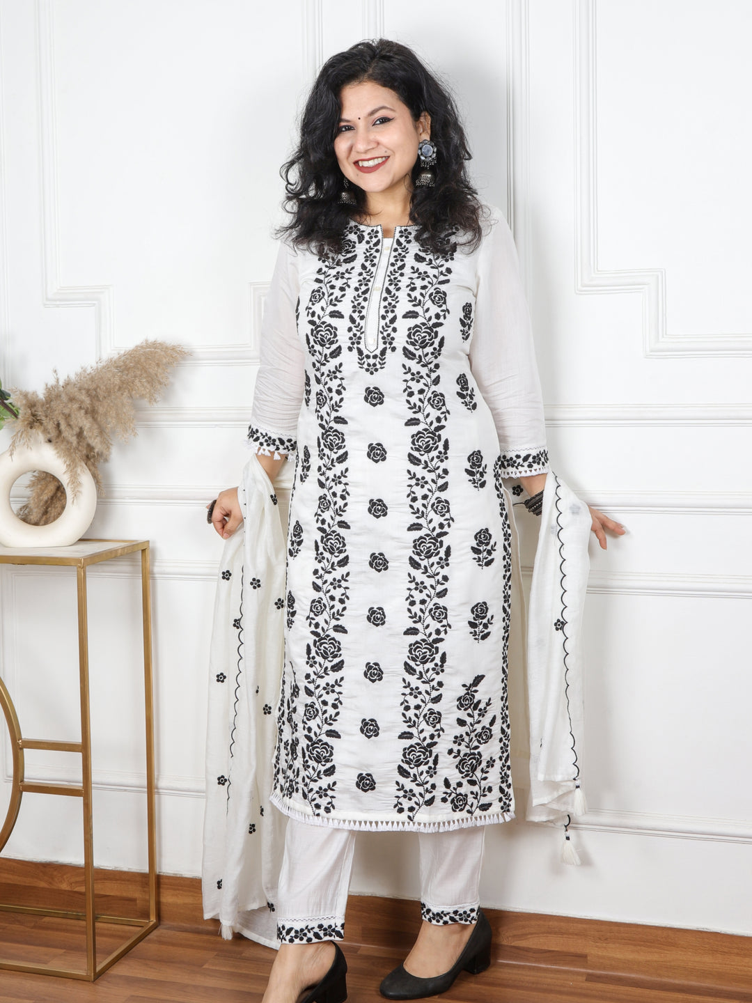 Rubiya White with Black Thread Chikankari Work Cotton Silk 3 Piece Set