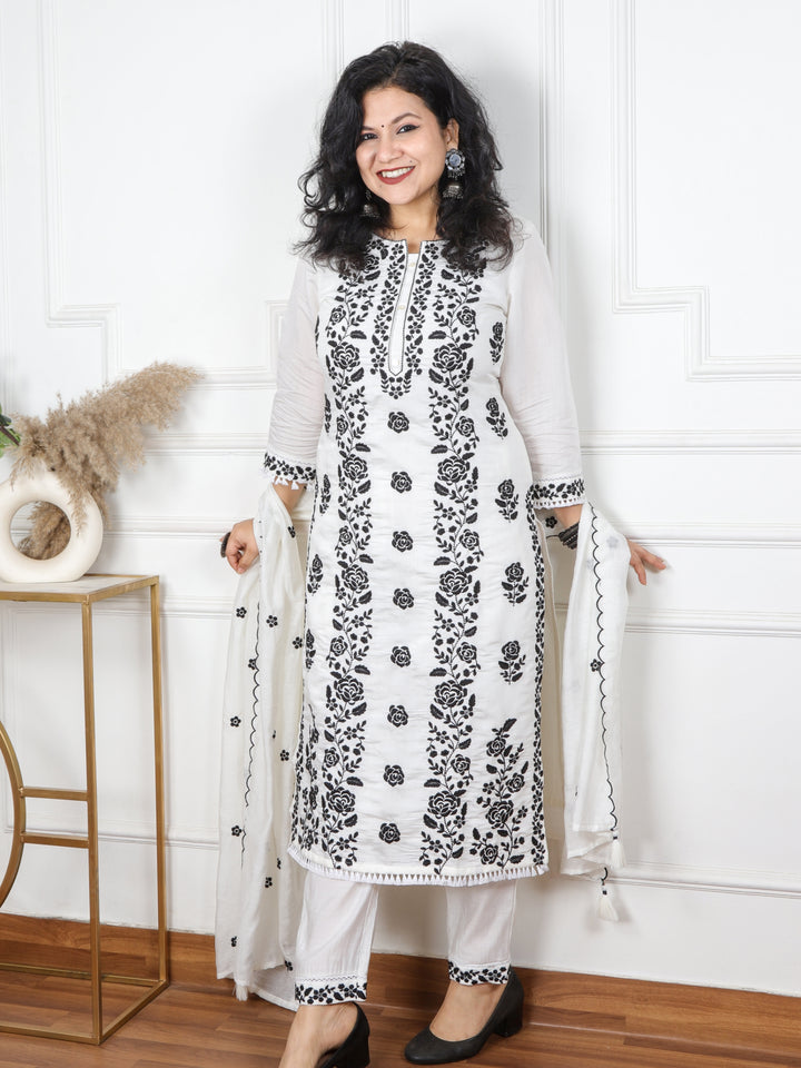 Rubiya White with Black Thread Chikankari Work Cotton Silk 3 Piece Set
