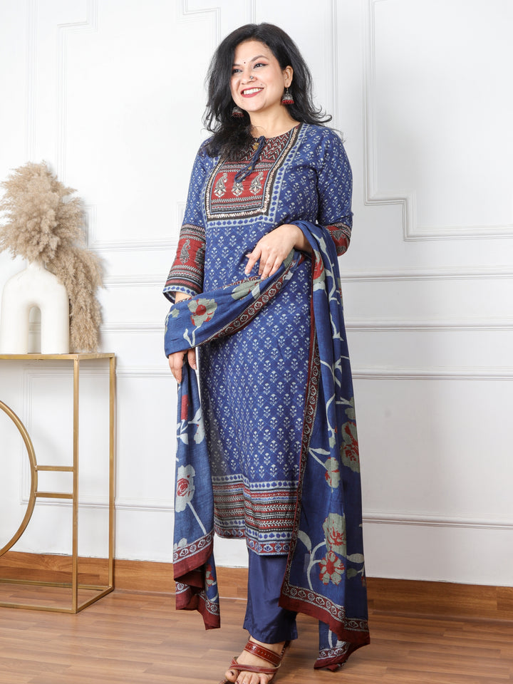 Naina Denim Blue Embellished Neckline Printed Muslin 3 Piece Set