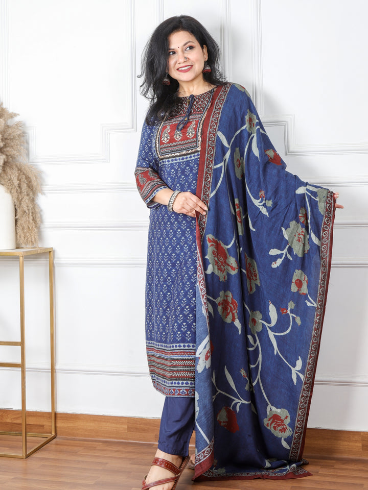 Naina Denim Blue Embellished Neckline Printed Muslin 3 Piece Set