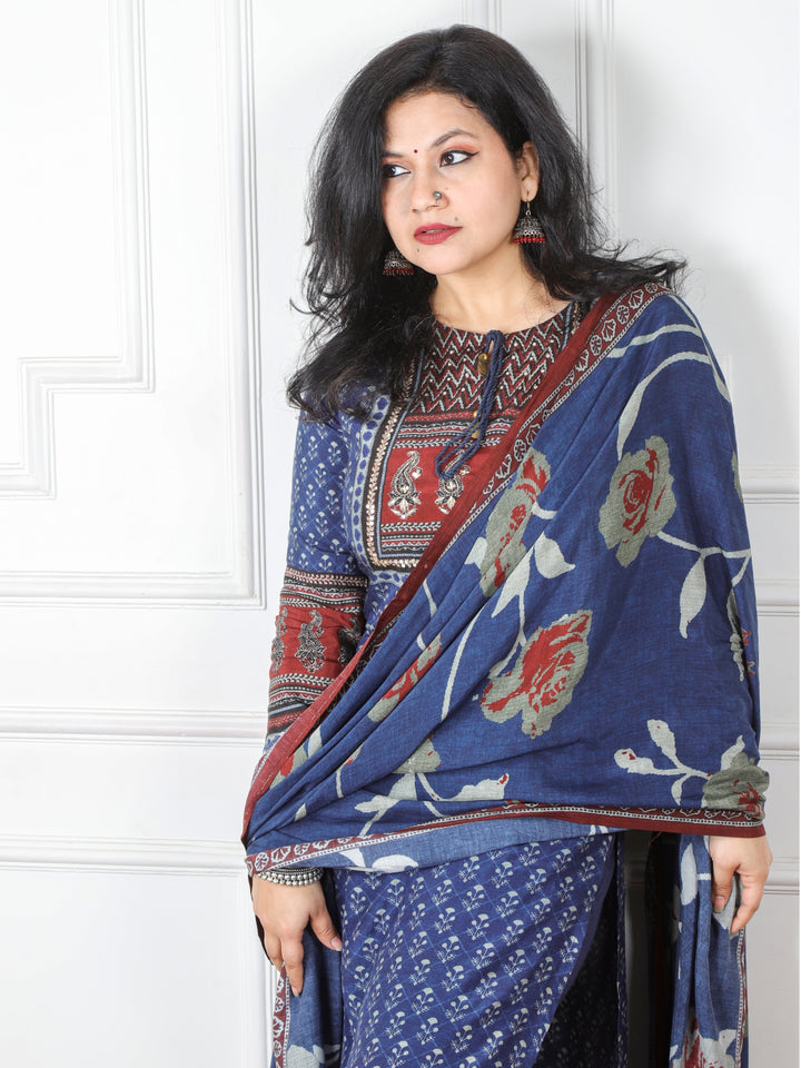 Naina Denim Blue Embellished Neckline Printed Muslin 3 Piece Set