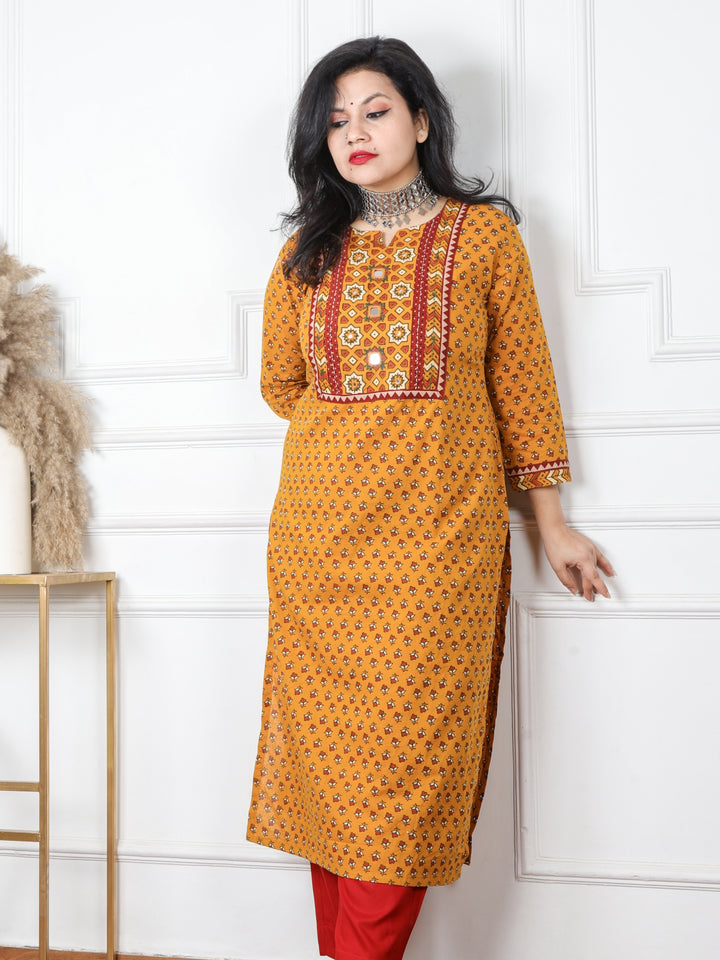 Chaahat Dijon Yellow Kutch Mirror Neck Work Ajrak Print Cotton Kurti