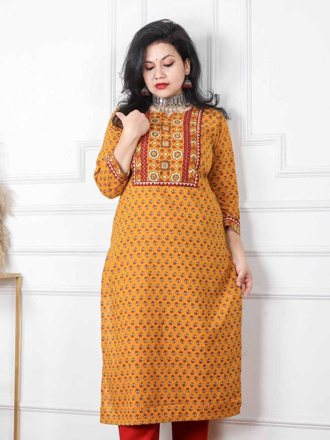 Chaahat Dijon Yellow Kutch Mirror Neck Work Ajrak Print Cotton Kurti