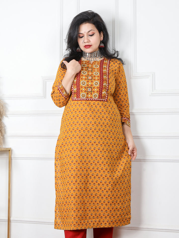 Chaahat Dijon Yellow Kutch Mirror Neck Work Ajrak Print Cotton Kurti