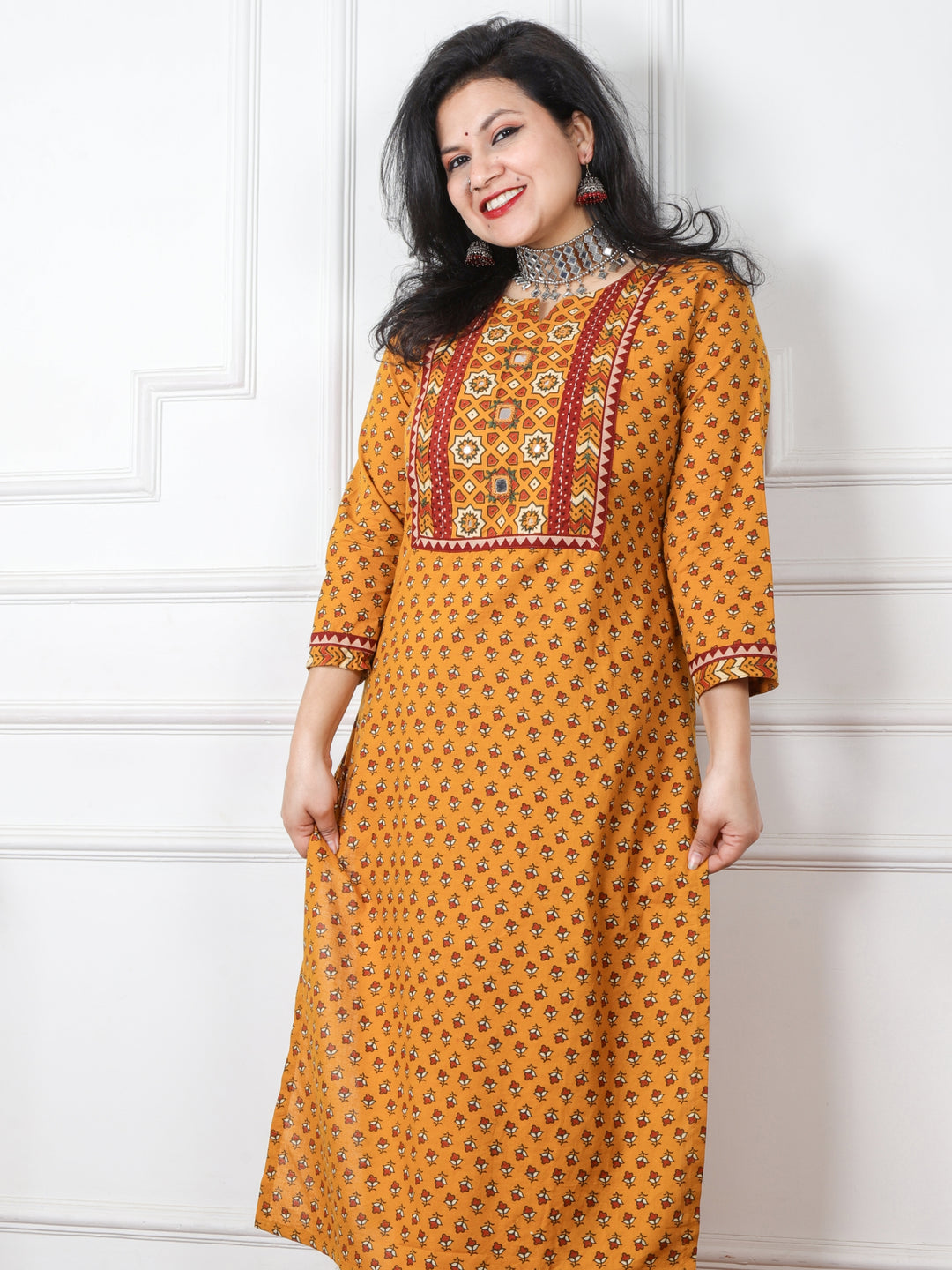 Chaahat Dijon Yellow Kutch Mirror Neck Work Ajrak Print Cotton Kurti