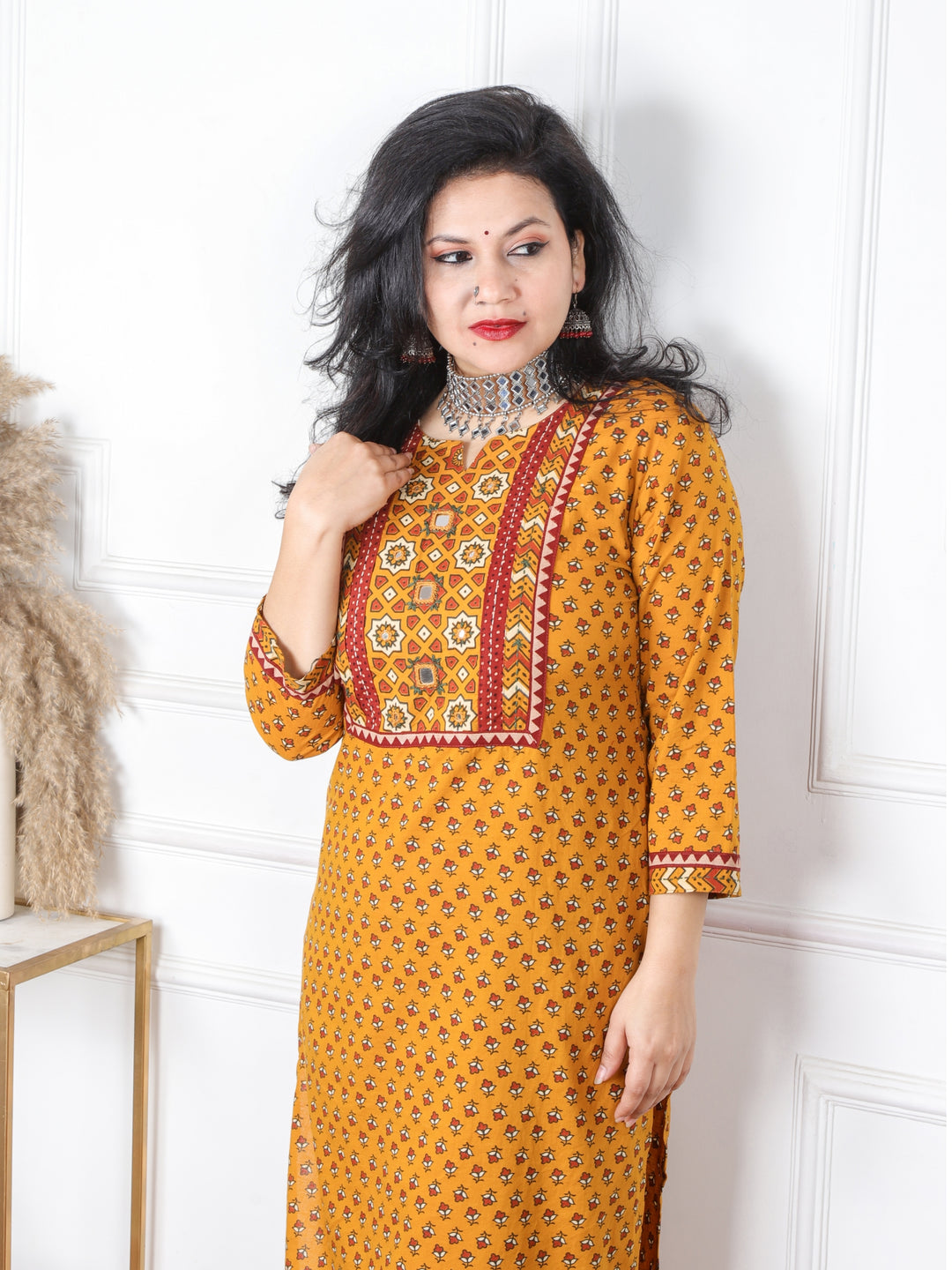 Chaahat Dijon Yellow Kutch Mirror Neck Work Ajrak Print Cotton Kurti