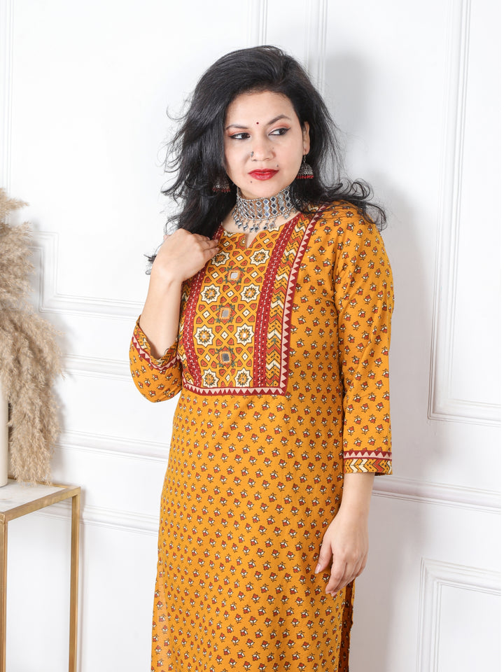 Chaahat Dijon Yellow Kutch Mirror Neck Work Ajrak Print Cotton Kurti