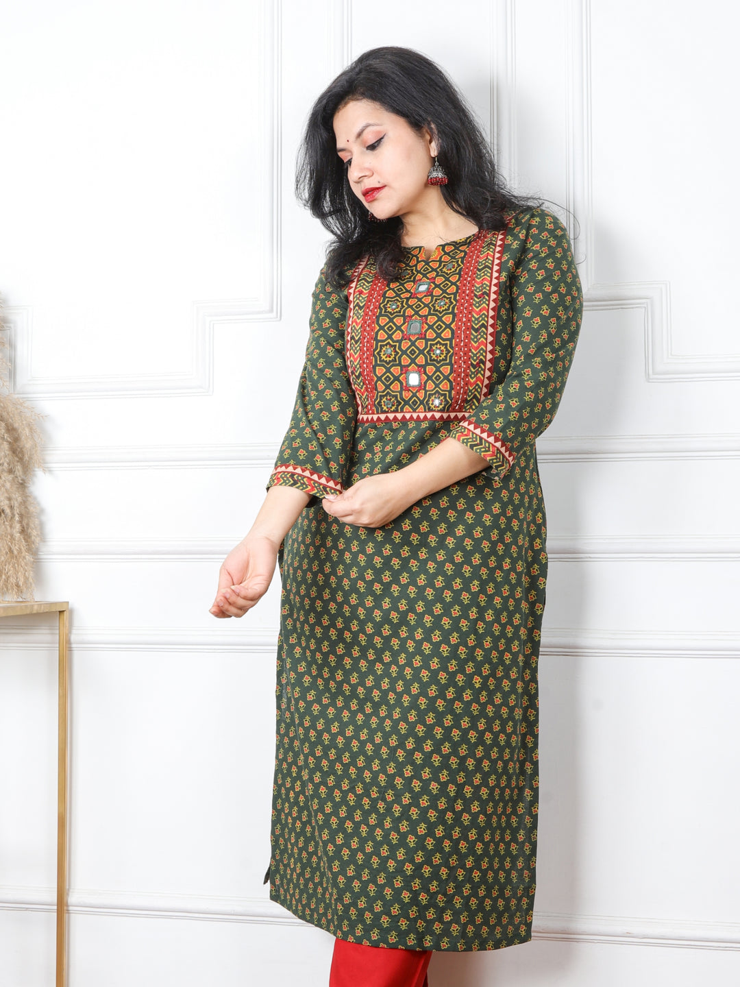 Ghoomar Dark Green Kutch Mirror Neck Work Ajrak Print Cotton Kurti-D1