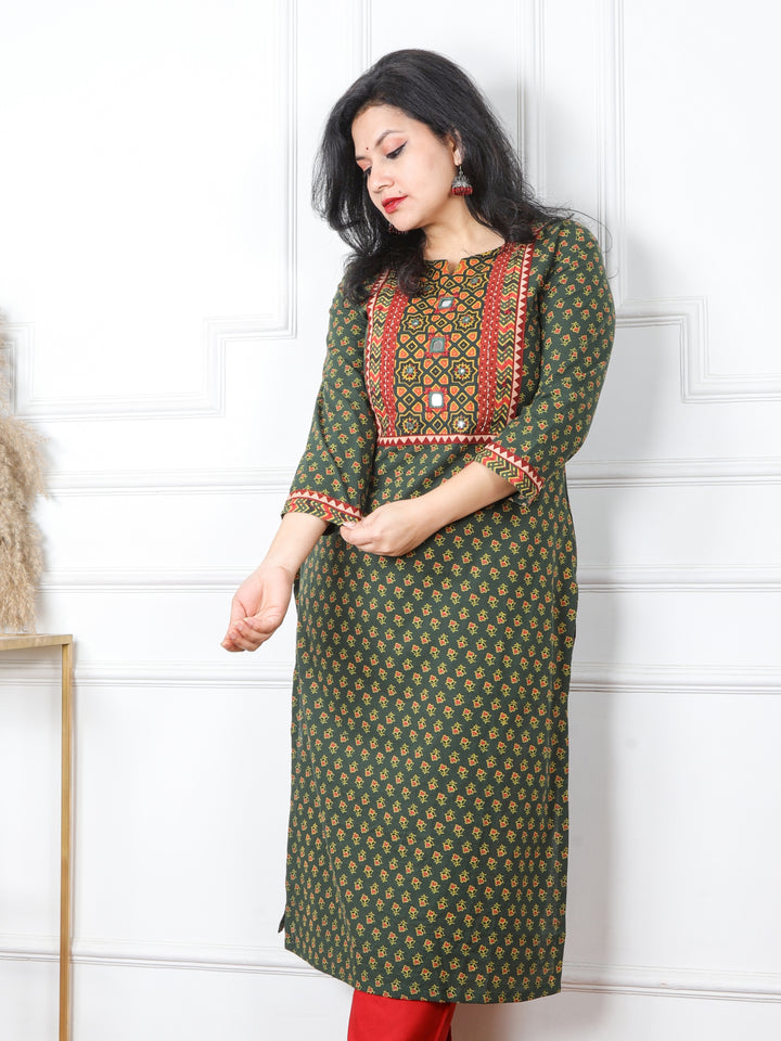 Ghoomar Dark Green Kutch Mirror Neck Work Ajrak Print Cotton Kurti-D1
