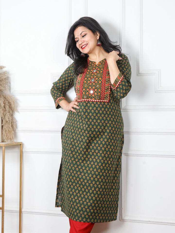 Ghoomar Dark Green Kutch Mirror Neck Work Ajrak Print Cotton Kurti-D1