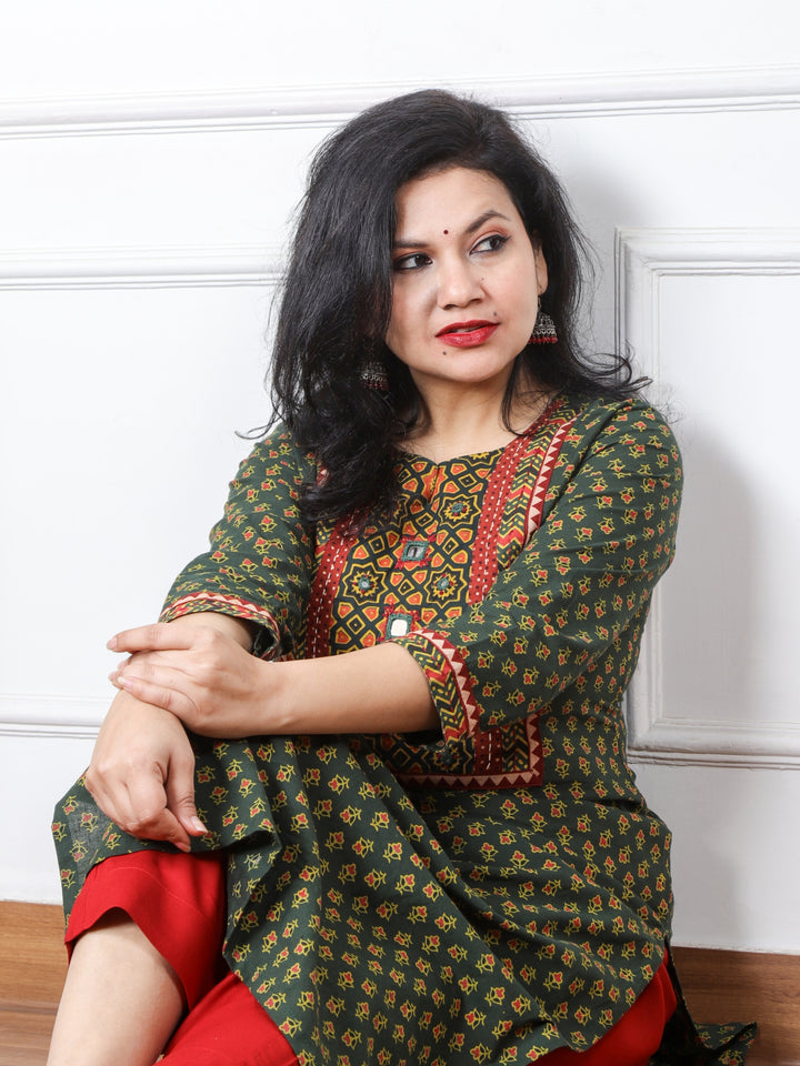 Ghoomar Dark Green Kutch Mirror Neck Work Ajrak Print Cotton Kurti-D1