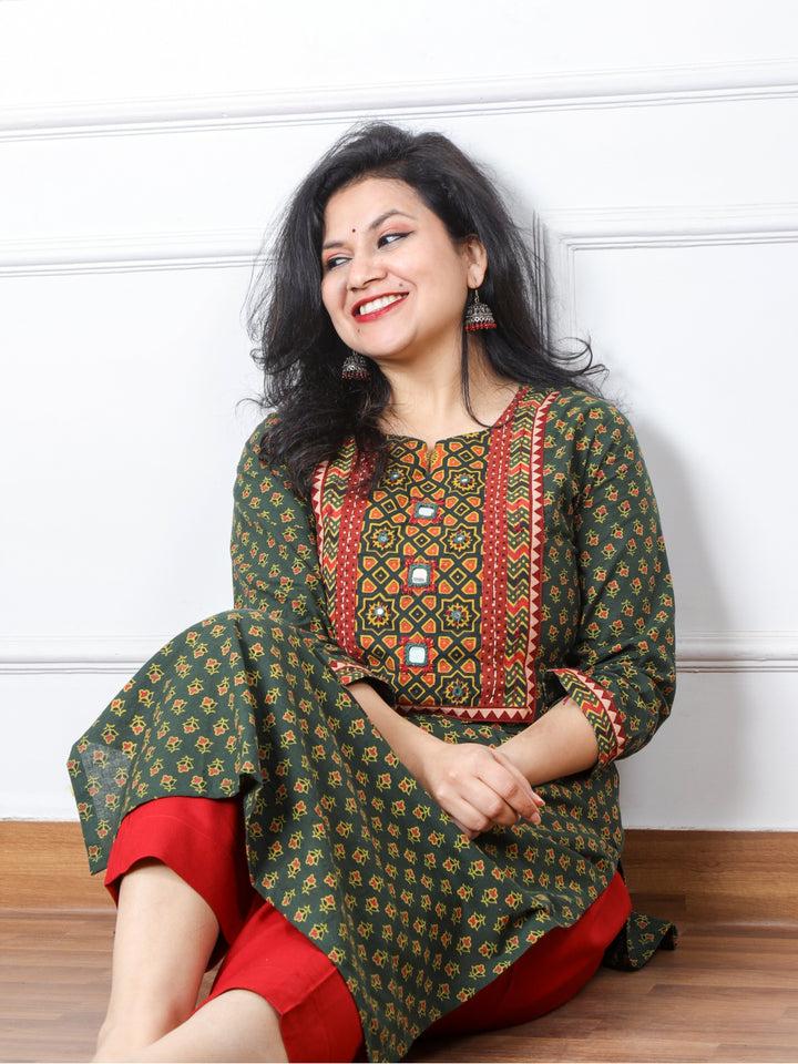 Ghoomar Dark Green Kutch Mirror Neck Work Ajrak Print Cotton Kurti-D1
