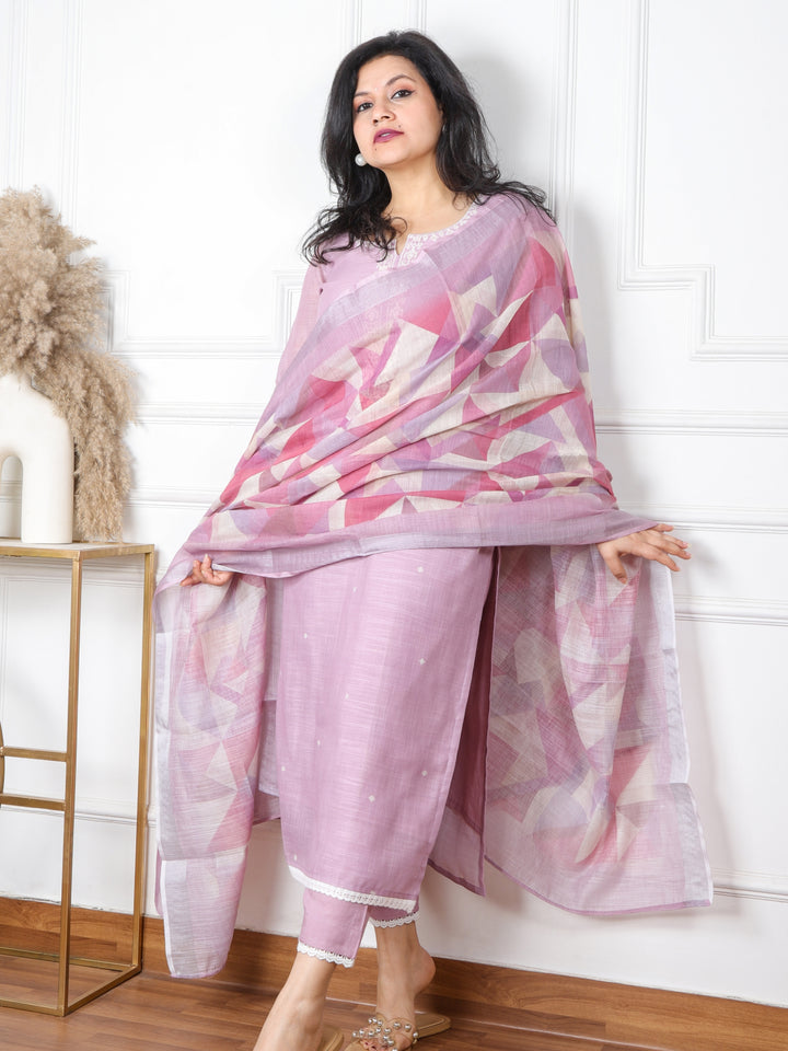 Rukhsati Mauve Purple Cross-Stitch Embroidery  Neck Cotton Linen 3 Piece Set