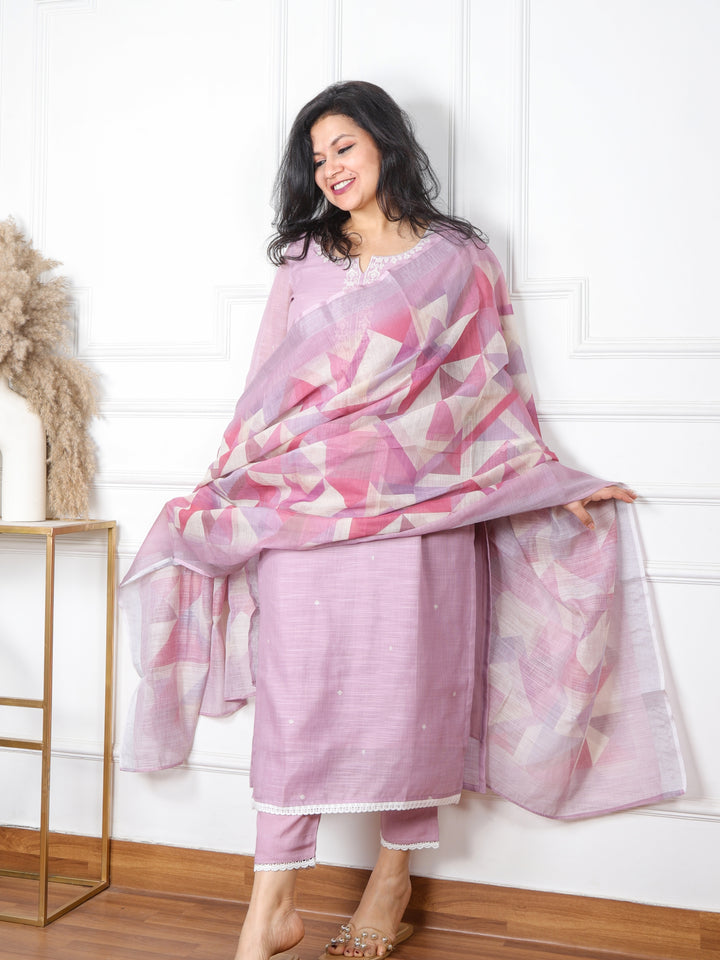 Rukhsati Mauve Purple Cross-Stitch Embroidery  Neck Cotton Linen 3 Piece Set