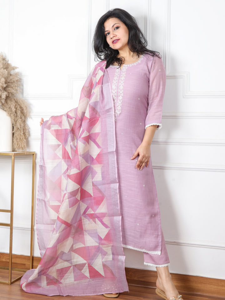 Rukhsati Mauve Purple Cross-Stitch Embroidery  Neck Cotton Linen 3 Piece Set