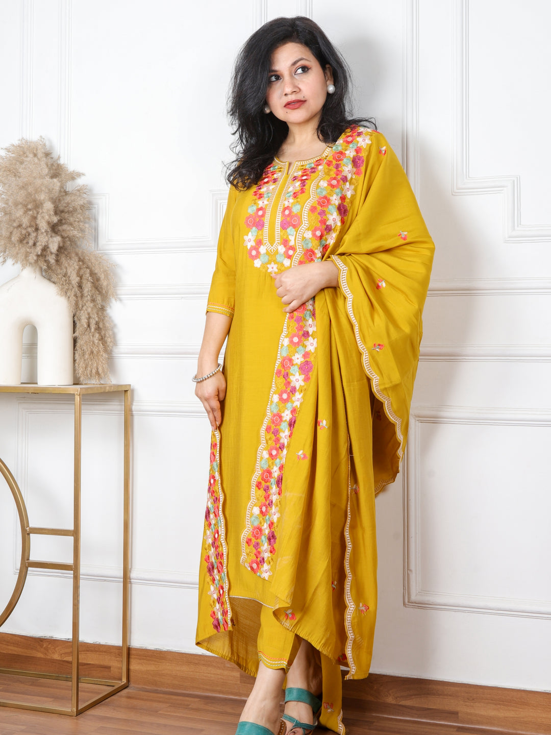 Naina Dandelion Yellow Floral Thread Embroidered Neck Modal Suit 3 Piece Set