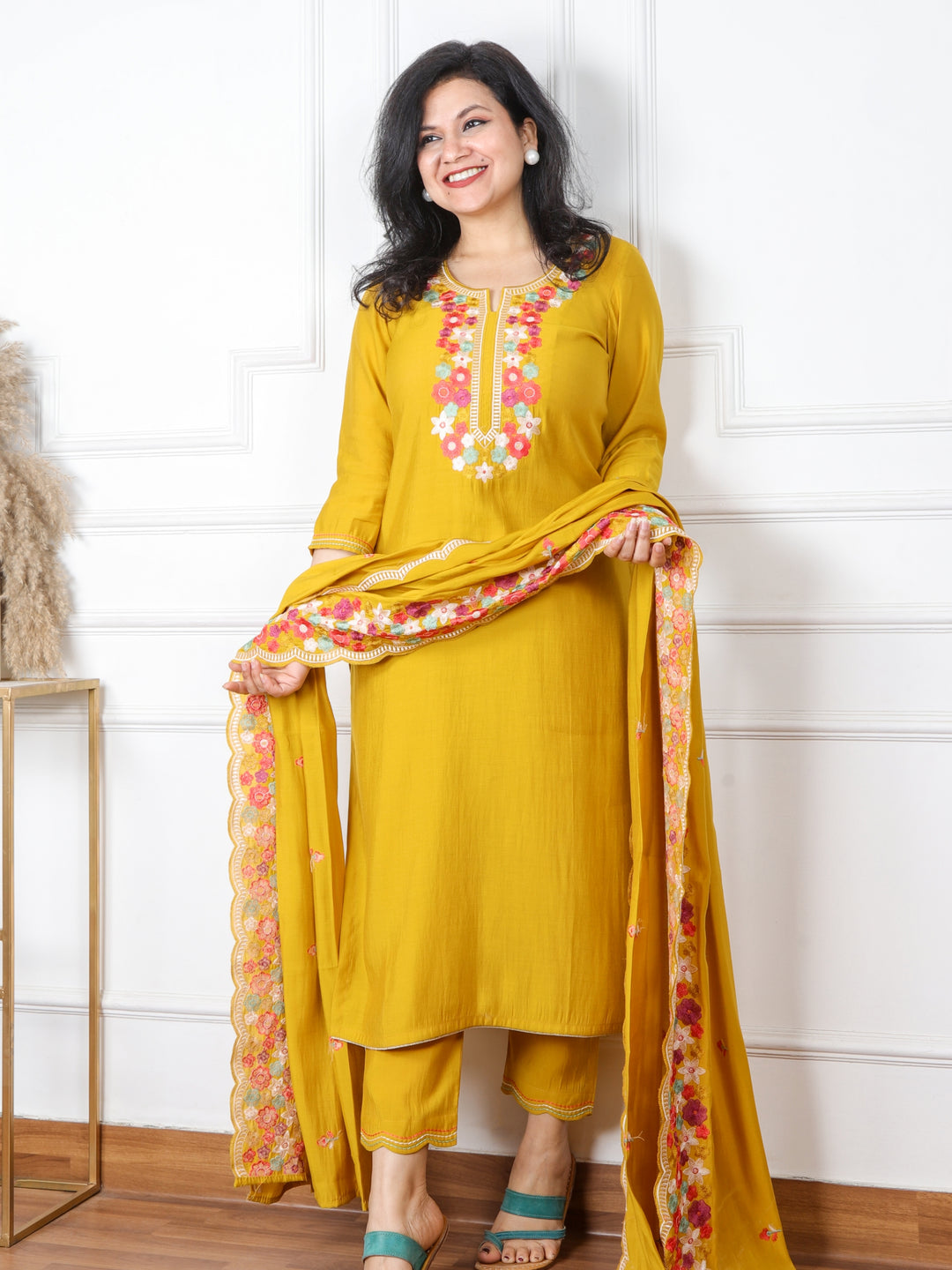 Naina Dandelion Yellow Floral Thread Embroidered Neck Modal Suit 3 Piece Set