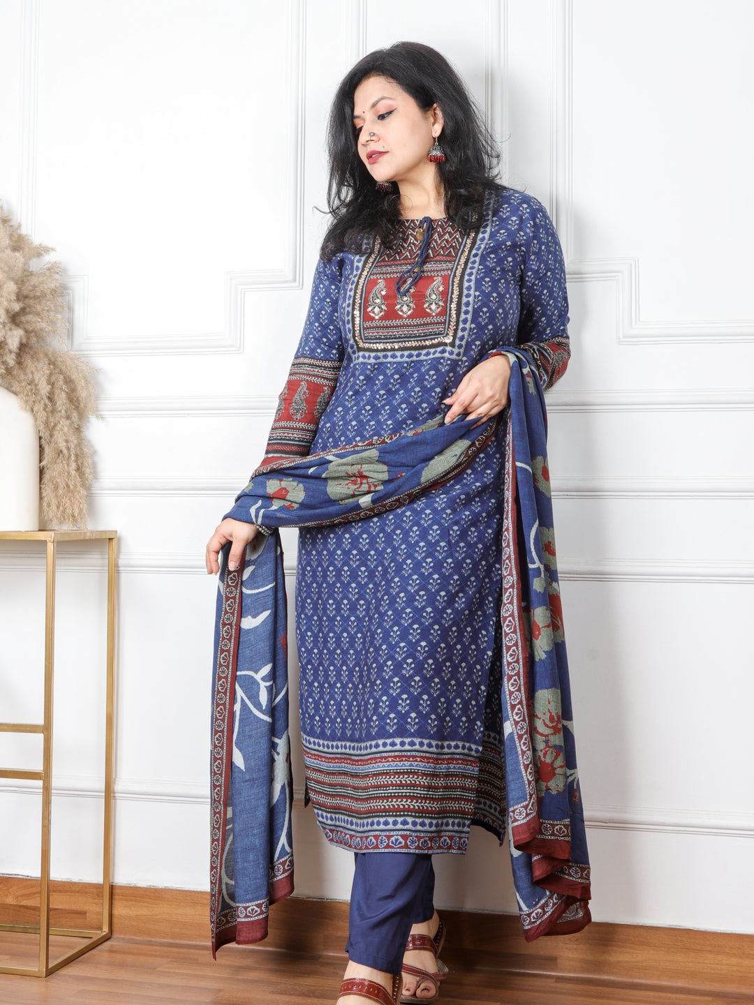 Naina Denim Blue Embellished Neckline Printed Muslin 3 Piece Set