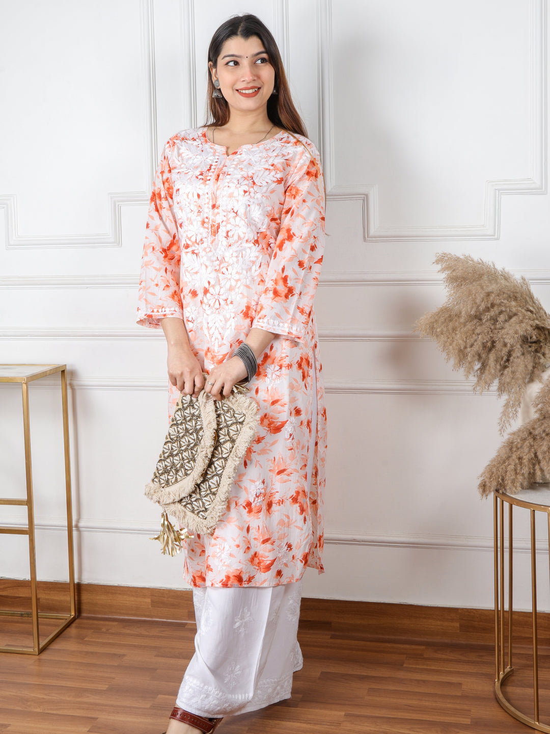 Kalakaar Rust Orange Floral Printed Chikankari Mul Cotton Kurti