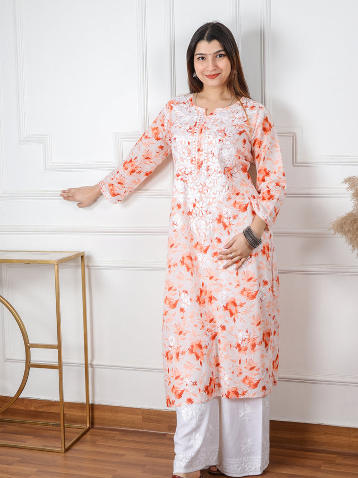 Kalakaar Rust Orange Floral Printed Chikankari Mul Cotton Kurti